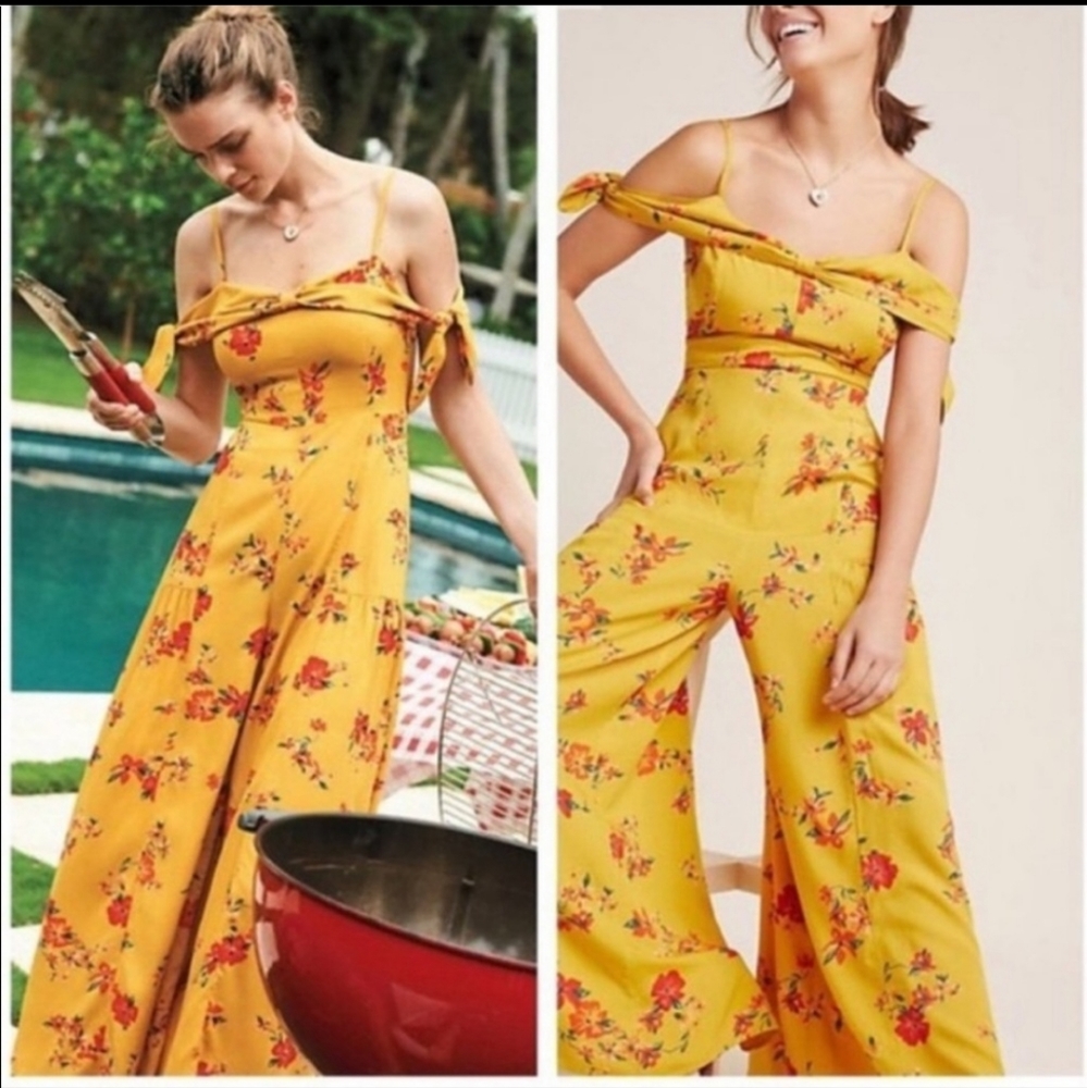 NWT Anthropologie Yellow Floral LondonberryJumpsuit Wide Leg Size 10